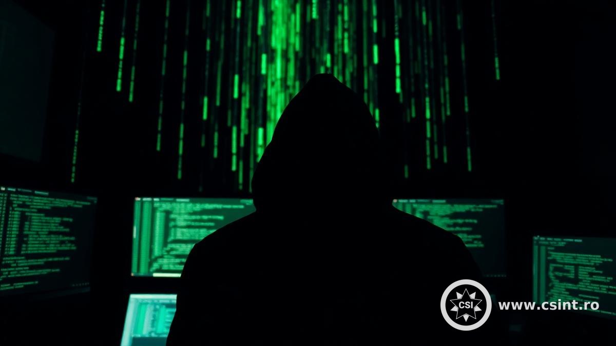 Hacker cu glugă în fața unor monitoare cu cod verde în stil Matrix